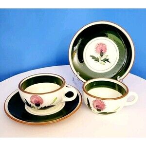 Vintage Set of 2 Stangl Pottery Thistle Pattern Flat Cups and Saucers
